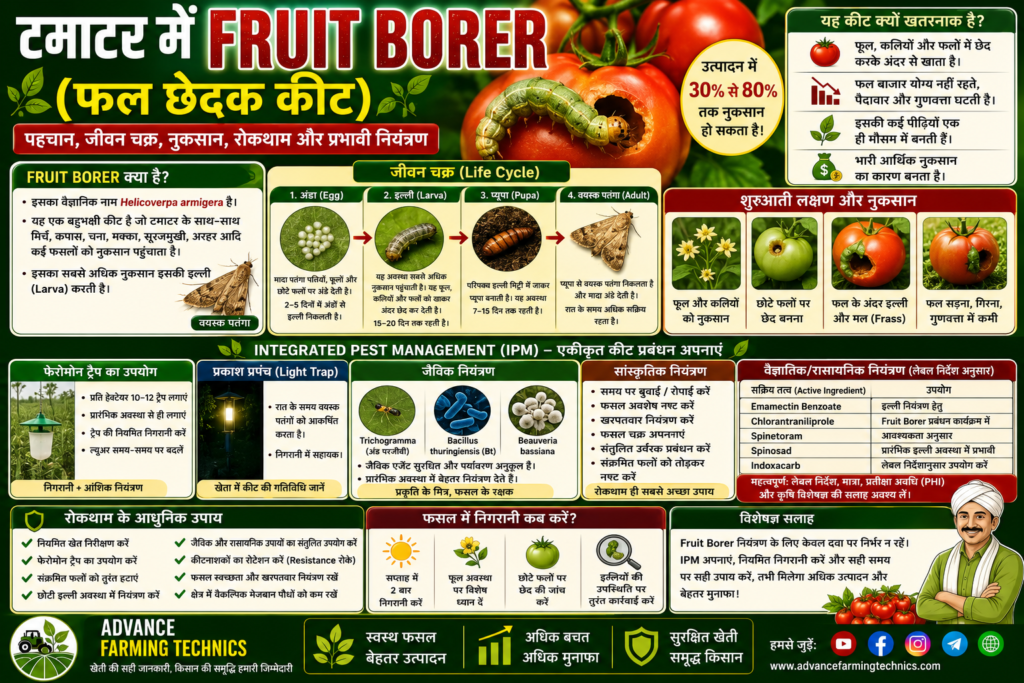 टमाटर में Fruit Borer (फल छेदक कीट): पहचान, जीवन चक्र, नुकसान, रोकथाम और सबसे प्रभावी नियंत्रण 2026 1 टमाटर में Fruit Borer (फल छेदक कीट) की पहचान, लक्षण और नियंत्रण