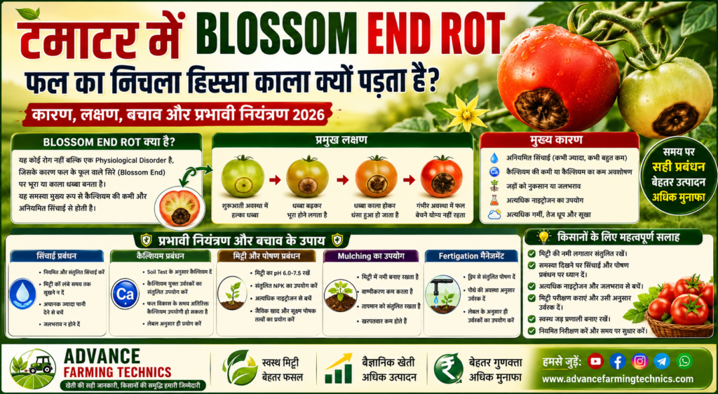 टमाटर में Blossom End Rot के कारण फल का निचला हिस्सा काला क्यों पड़ता है? जानिए कैल्शियम की कमी, अनियमित सिंचाई, लक्षण, बचाव और प्रभावी नियंत्रण के वैज्ञानिक उपाय।