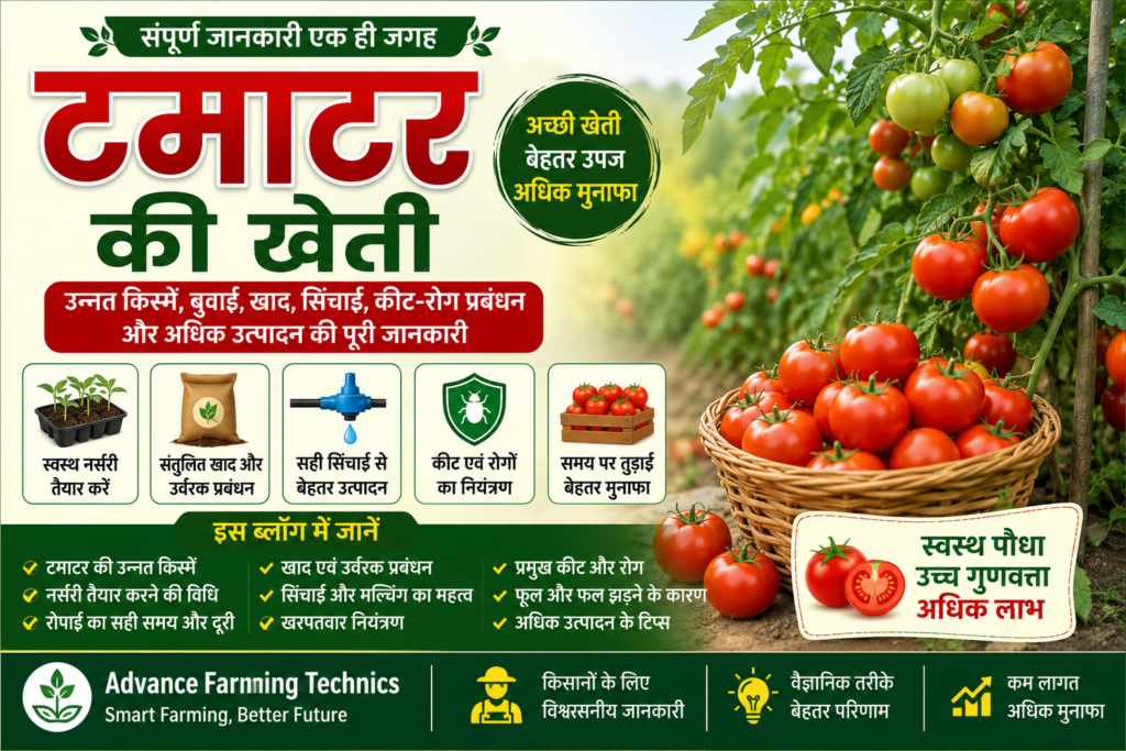 टमाटर की खेती कैसे करें? जानिए उन्नत किस्में, नर्सरी, रोपाई, खाद, सिंचाई, कीट-रोग नियंत्रण, उत्पादन और मुनाफे की पूरी जानकारी।