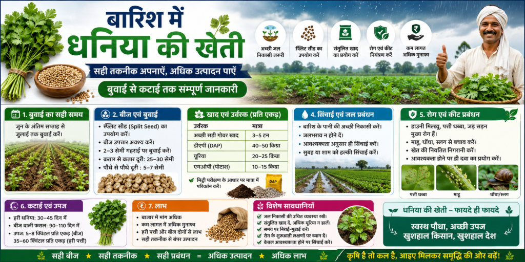 बारिश में धनिया की खेती: बुवाई से कटाई तक पूरी जानकारी (2026)